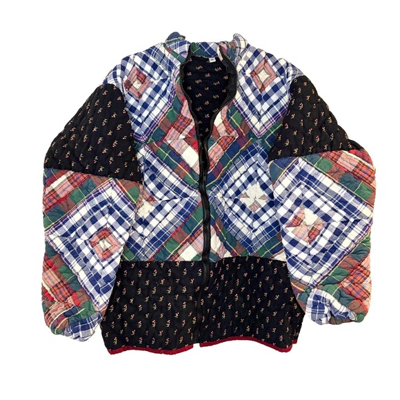 Handmade Jackets & Blazers - Vintage Handmade Quilt Patchwork Quilted Jacket Full Zip Pockets Plaid‎ Floral M